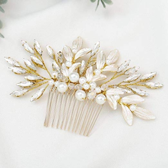 Gold Rhinestone Pearl Glam Wedding Hair Comb - Picture 2 of 5